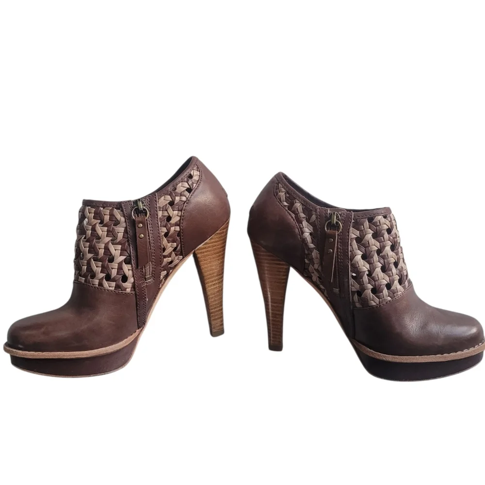 UGG Fatima Brown Woven Leather Heeled Booties Size 7.5 - Picture 3 of 14